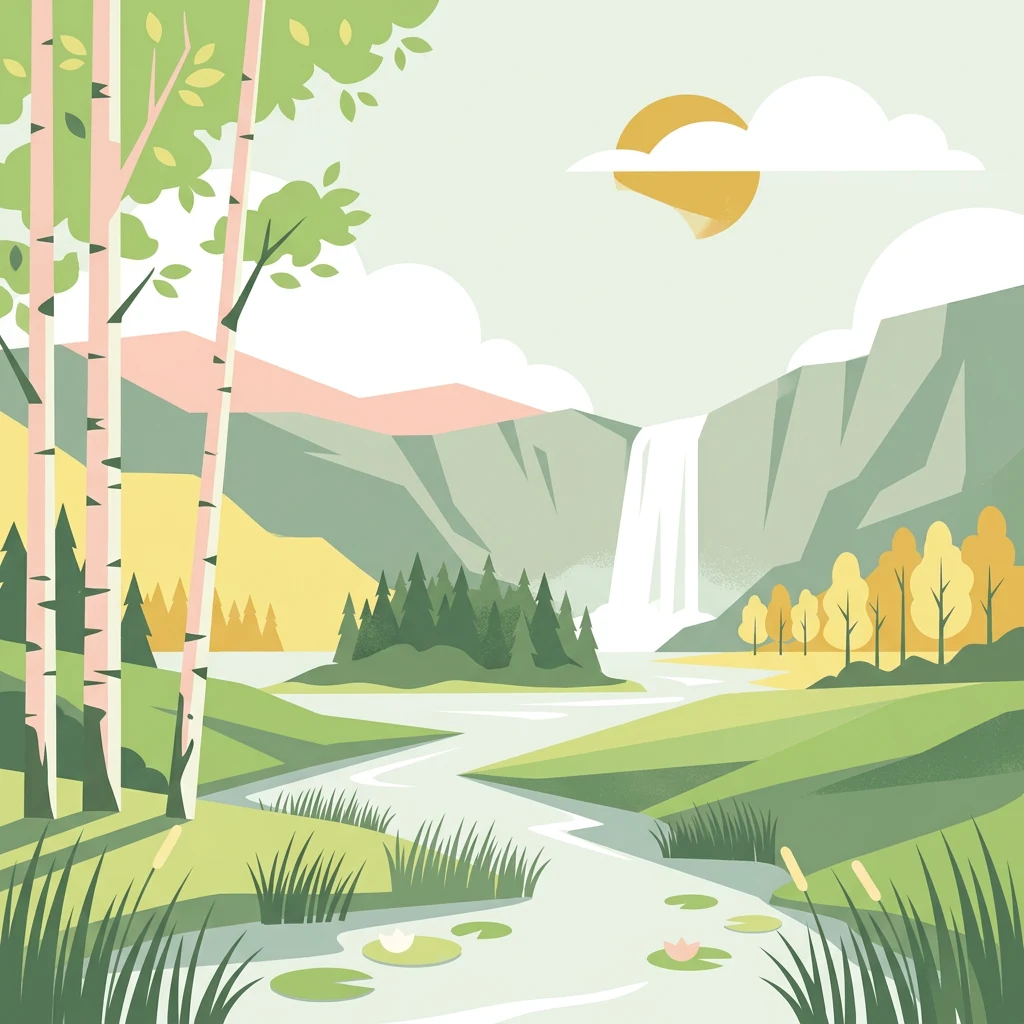 Ilustración de un paisaje con una cascada, abedules, prados y montañas bajo un sol y nubes