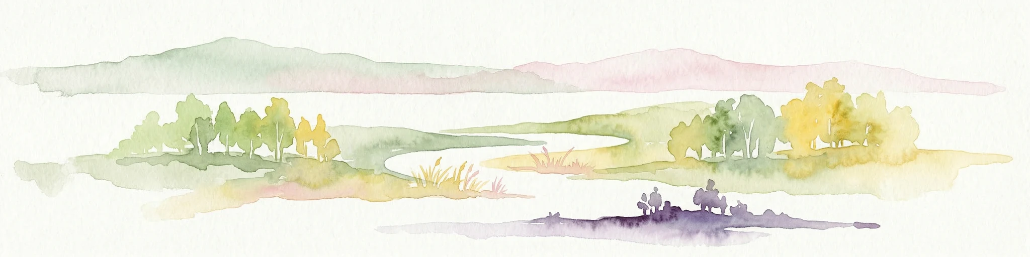 Ilustración en acuarela de un río sinuoso, árboles y colinas al fondo