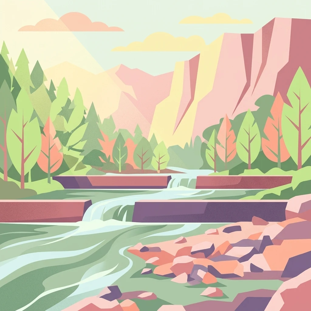 A flat-style vector illustration showing a river flowing over small stone weirs with forests and mountains in the background, rendered in a warm, pastel-toned color palette.