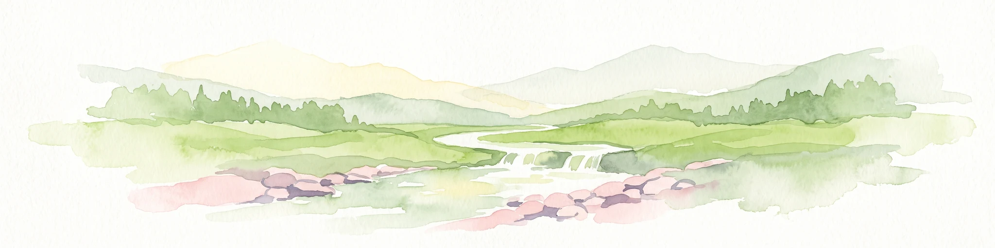 Una suave ilustración en acuarela que representa un arroyo serpenteante que fluye a través de un valle montañoso verde con laderas boscosas al fondo.