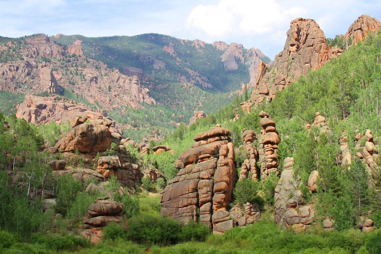 A wide landscape view of granite rock pillars and cliffs surrounded by green pine and aspen forest in the Lost Creek Wilderness.