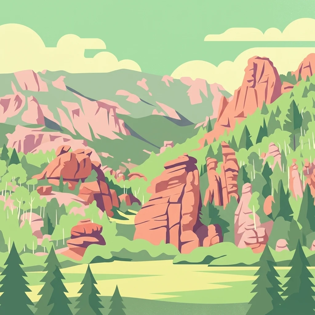Ilustración digital de un paisaje montañoso rocoso con prominentes torres de granito, pinos y colinas verdes onduladas bajo un cielo suave.