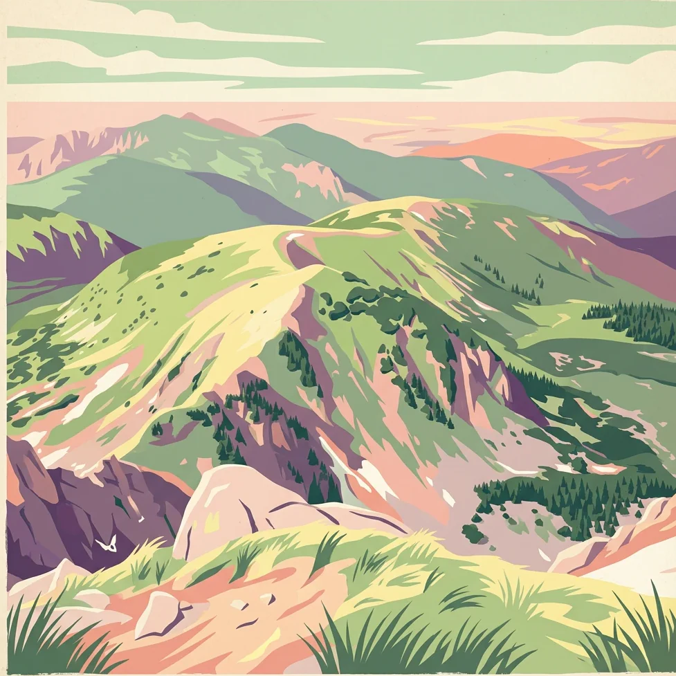 Stylized illustration of mountainous landscape with green hills, valleys, and distant peaks under a sky with clouds