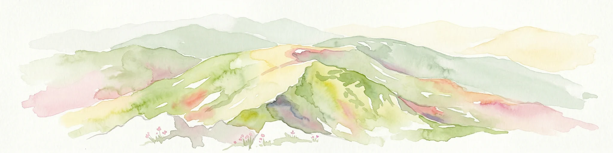 Pintura de acuarela de montañas onduladas en tonos verdes, amarillos y rosas