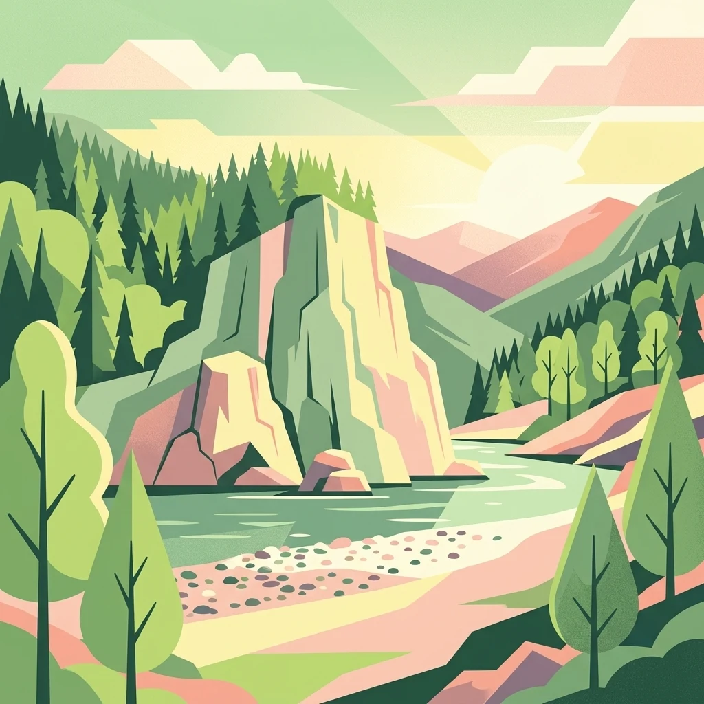 A stylized flat vector illustration of a river flowing through a forested mountain valley with a large rock formation in the center.