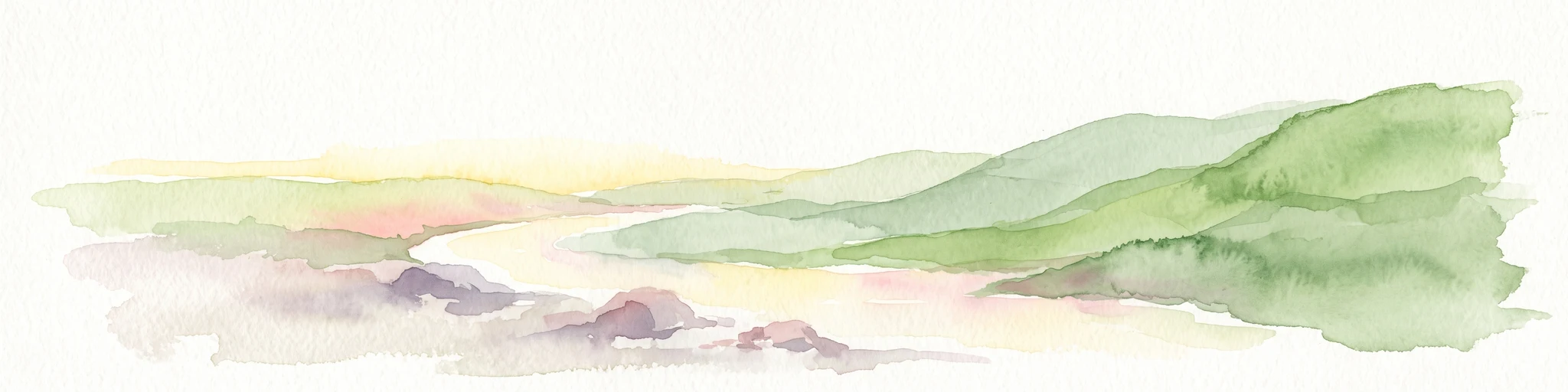 A soft, artistic watercolor illustration of a river winding through green rolling hills and mountain terrain.