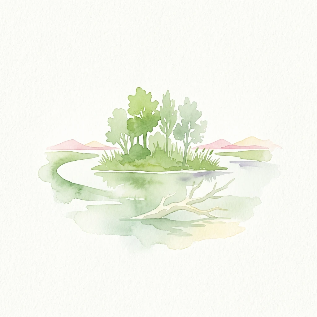Watercolor illustration of a small island with trees surrounded by water with a fallen tree branch in the foreground