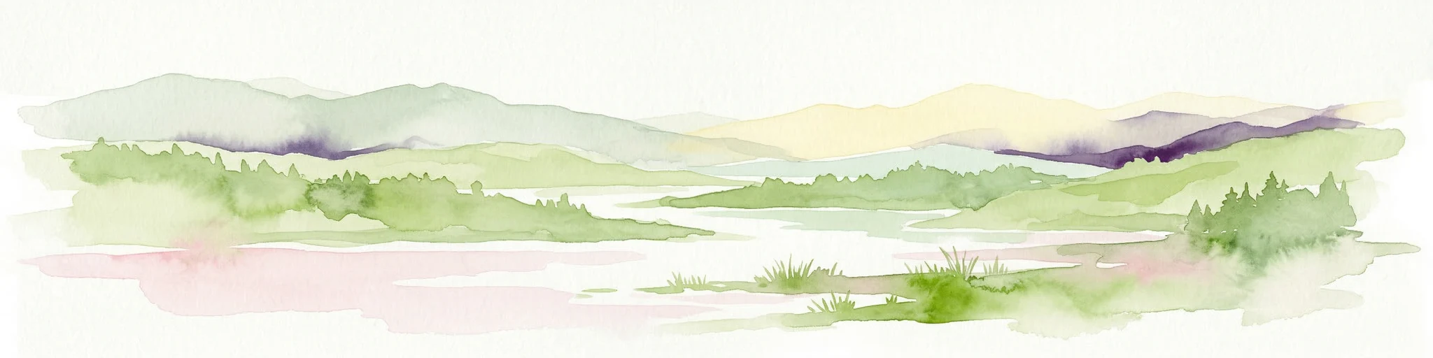 Ilustración de acuarela de un paisaje con colinas, un río y vegetación verde