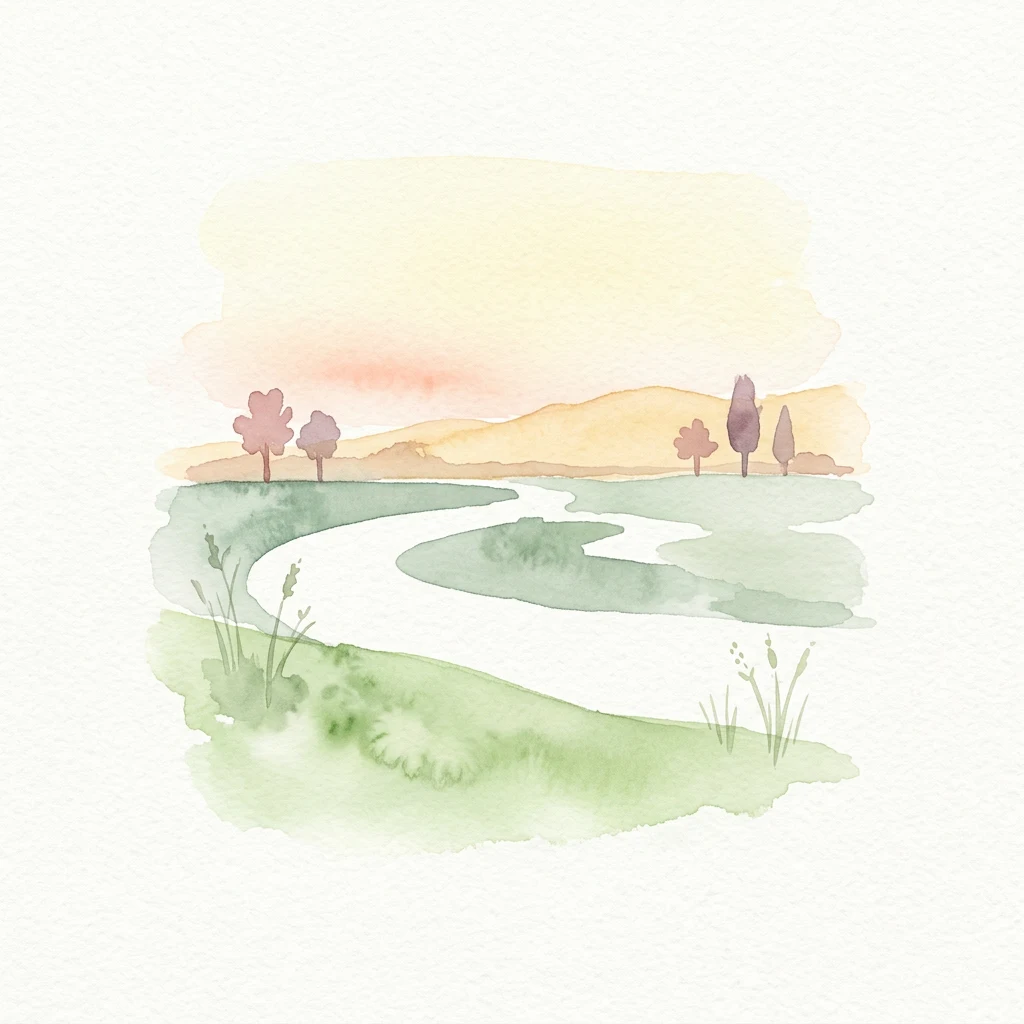 Watercolor illustration of a winding river through green fields with trees and distant hills under a pale sky