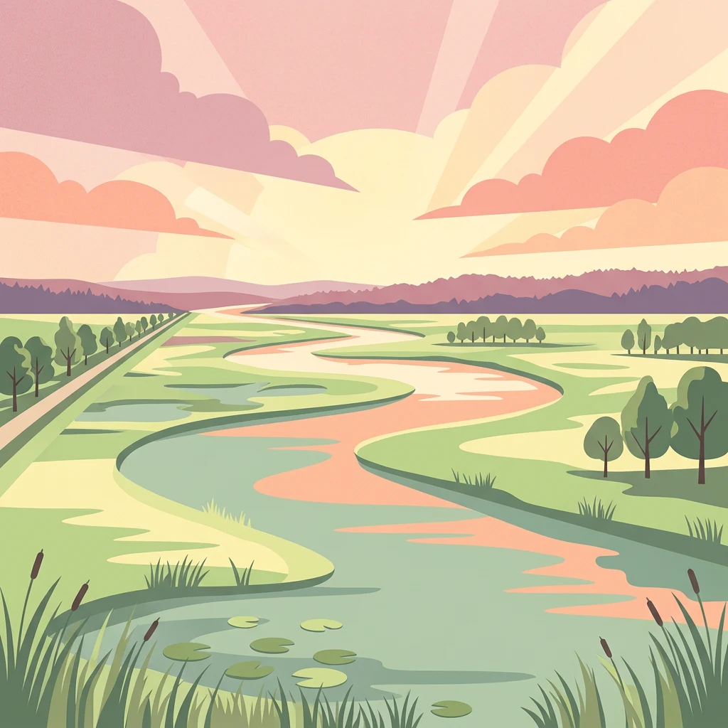 Río serpenteante que fluye a través de un valle aluvial con campos de hierba, árboles dispersos y un cielo con nubes rosas y anaranjadas durante el atardecer