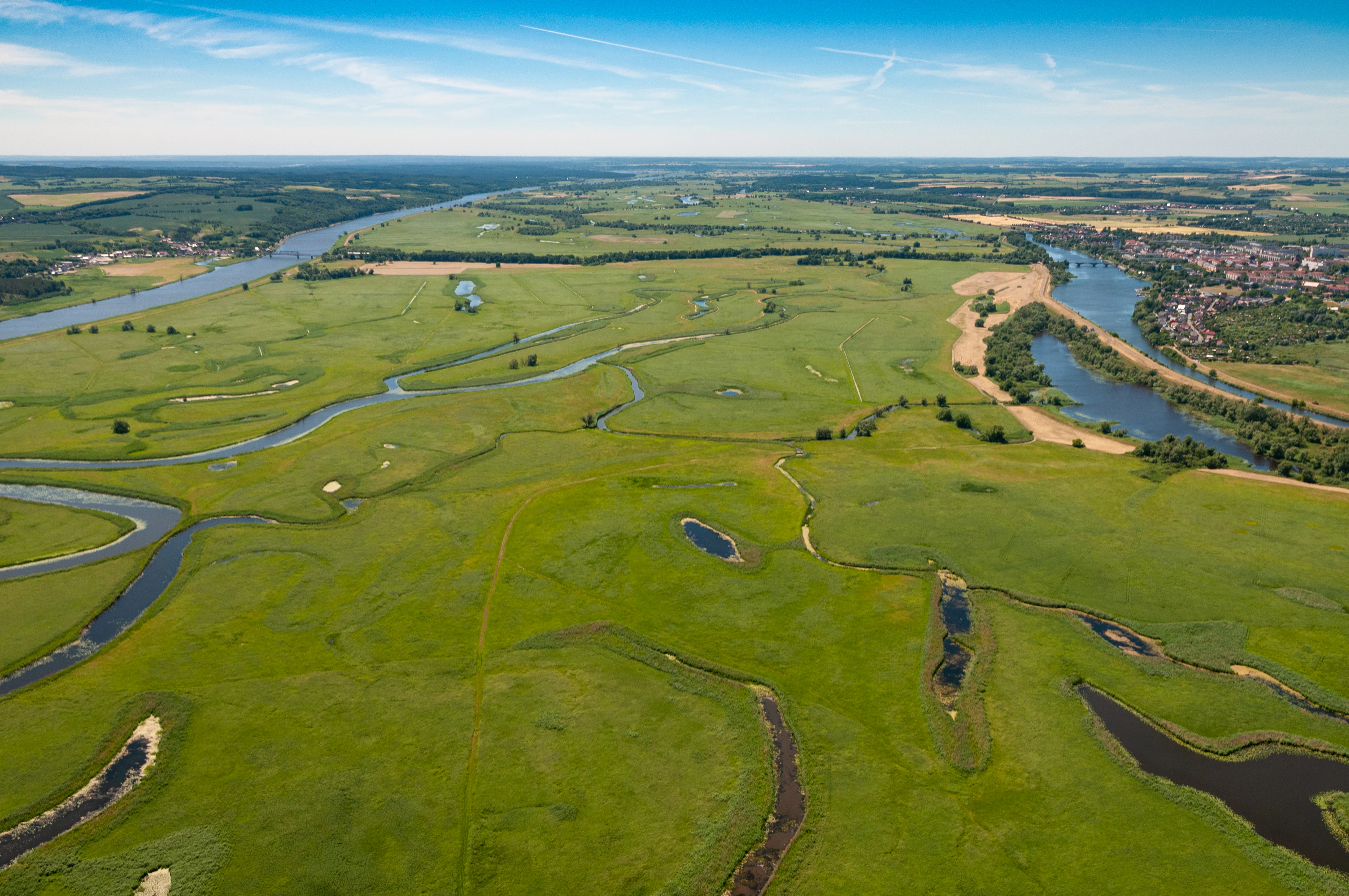 Aerial view of green meadows with winding rivers and small lakes under a clear blue sky