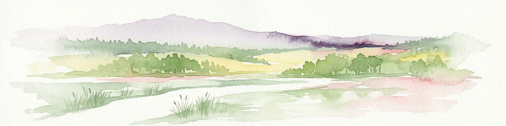 Pintura de acuarela que representa un río que fluye a través de un valle con vegetación verde y montañas distantes