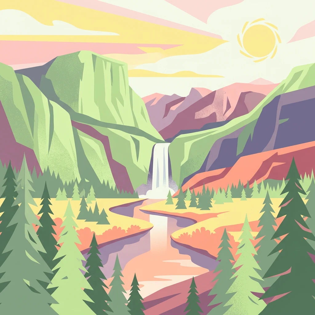 Ilustración estilizada de un paisaje montañoso con una cascada, río, árboles de hoja perenne y cielo colorido con sol
