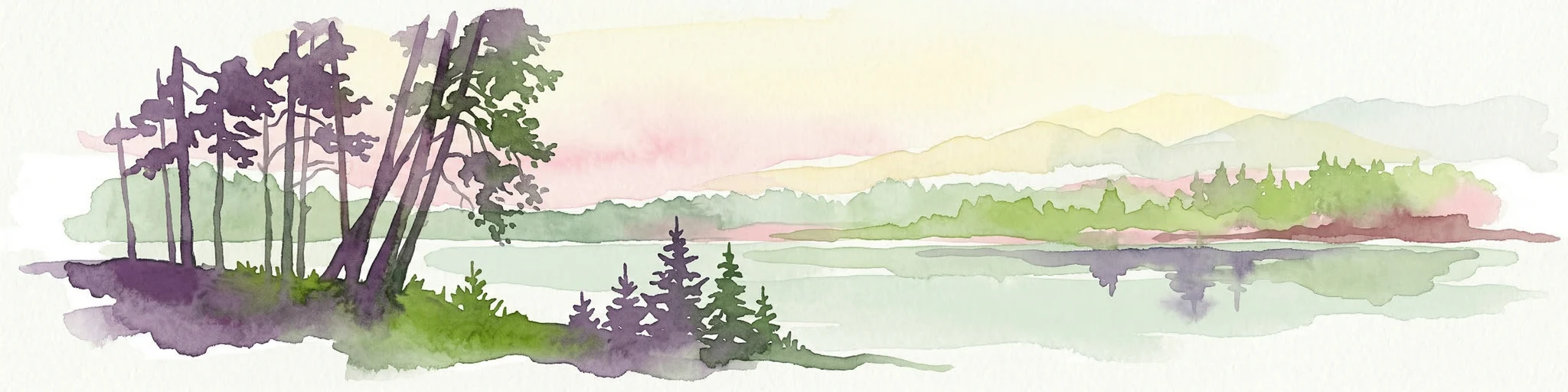 Pintura de acuarela que muestra un lago rodeado de árboles con colinas distantes bajo un cielo colorido