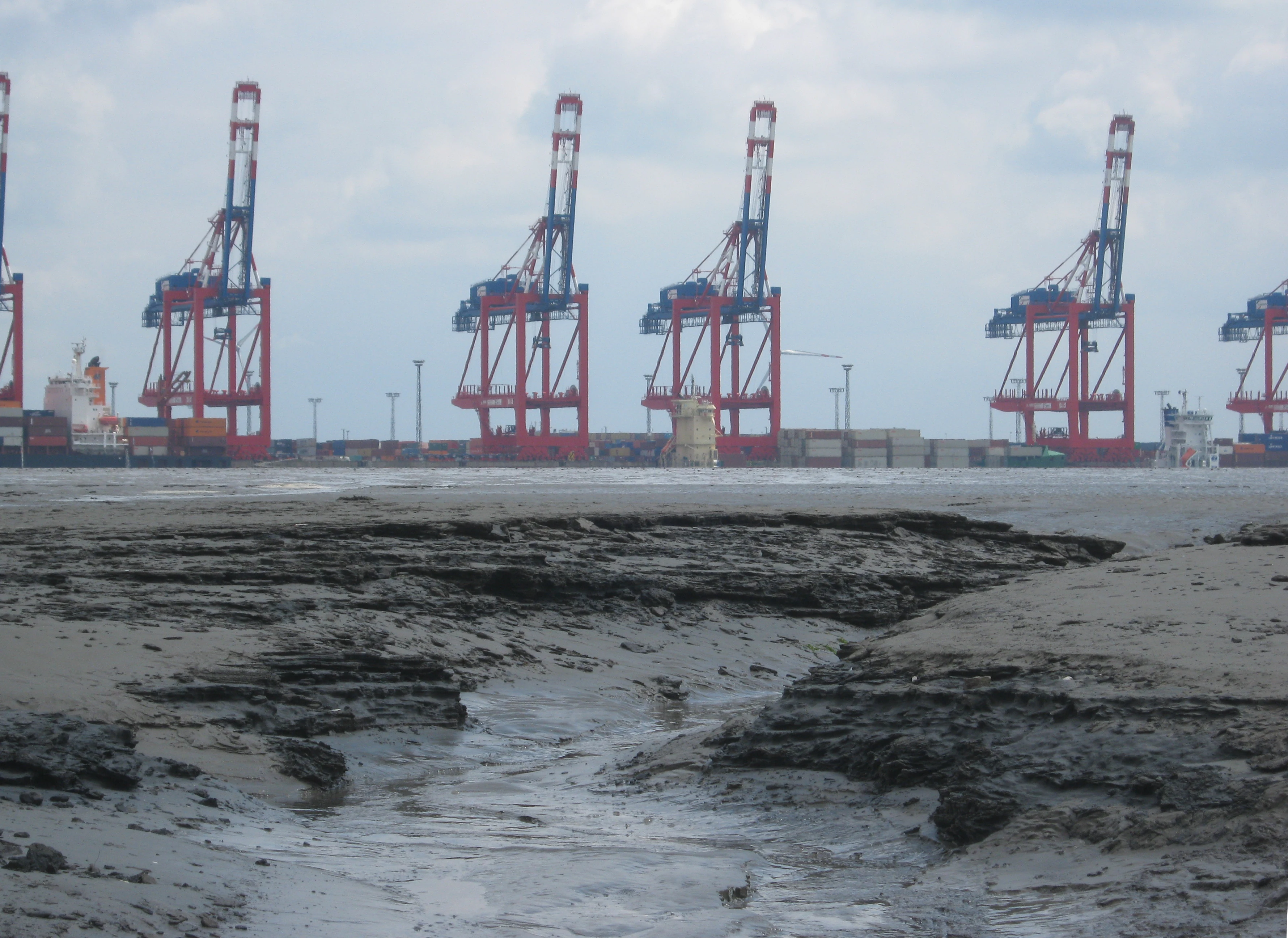 Tidal flat with mudflats in the foreground and industrial port cranes in the background under an overcast sky