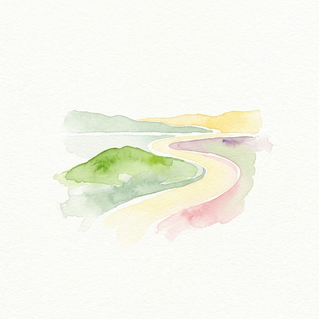 Watercolor illustration showing a winding path through a coastal landscape with green hills and colorful layers