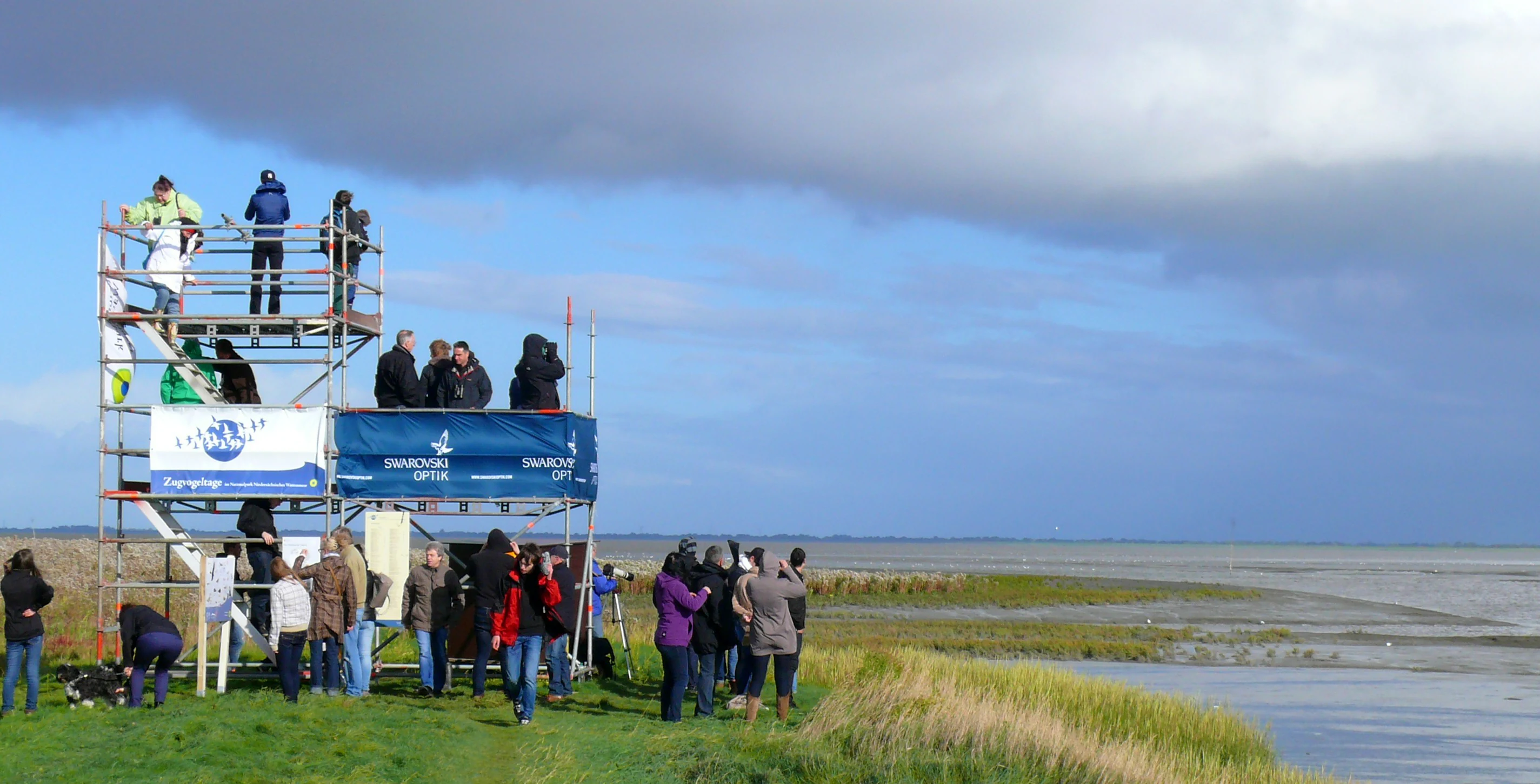 Multi-level observation tower with people on platforms overlooking a coastal marsh and body of water under a partly cloudy sky