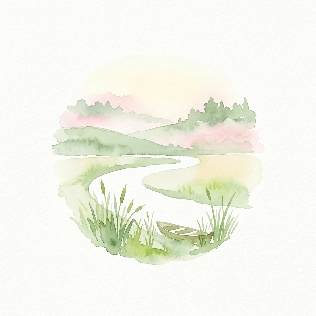 Ilustración acuarela de un río sinuoso, juncos y un pequeño bote en una orilla cubierta de hierba con colinas y cielo rosado al fondo