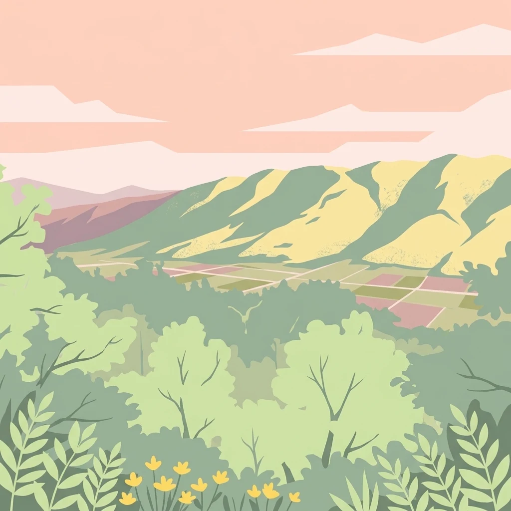 Una ilustración digital de estilo plano que muestra una vista panorámica de colinas verdes onduladas, campos agrícolas y cielos rosados suaves, enmarcada por follaje en primer plano y pequeñas flores amarillas.