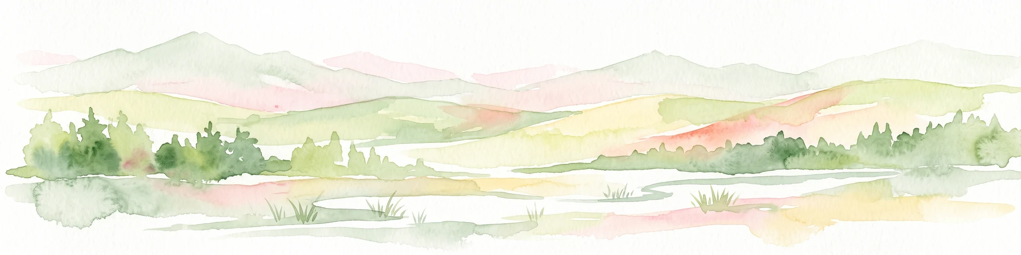 A soft watercolor illustration depicting layered rolling hills, distant mountain silhouettes, and clusters of trees in a pale color palette.