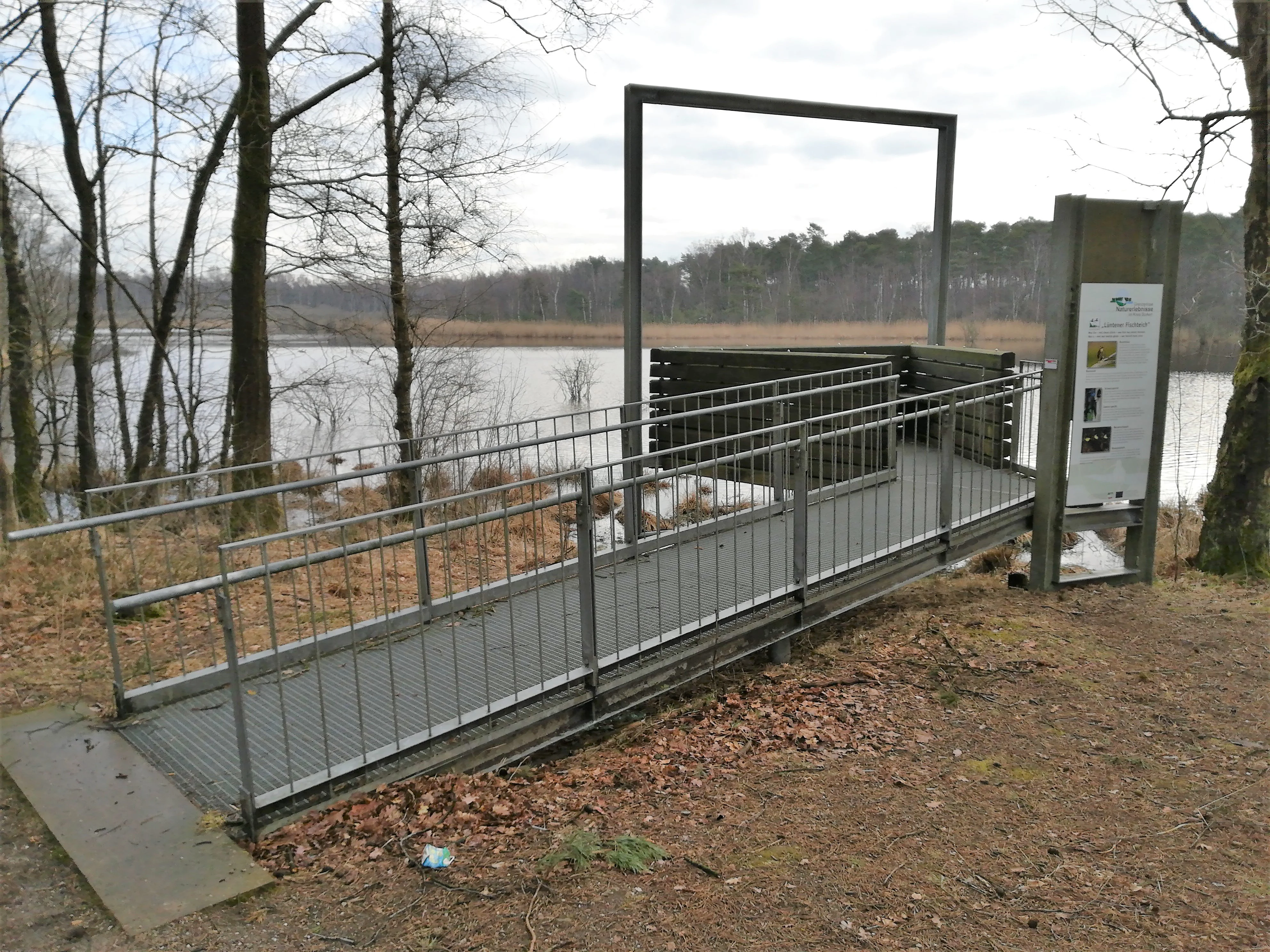 A metal ramp and viewing platform with information signage, set in a forest overlooking a pond.