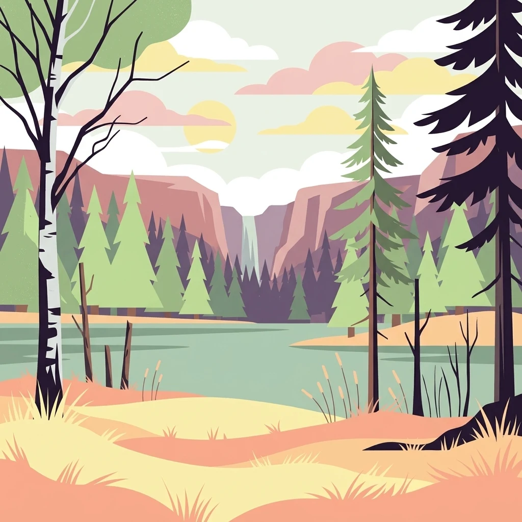 A stylized vector illustration of a forest landscape with a pond in the foreground, evergreen and birch trees, and distant hills under a sunset sky.