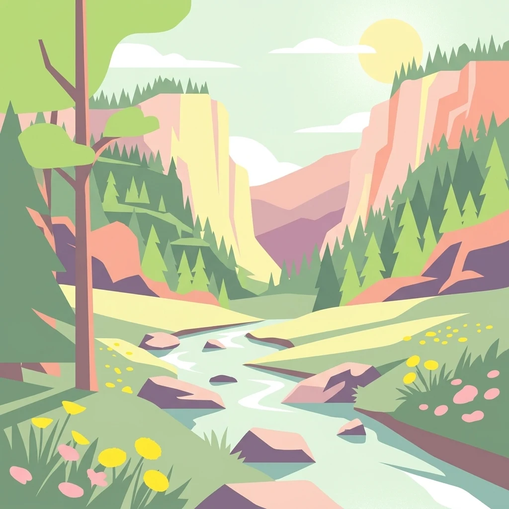 Una ilustración vectorial estilizada de un valle montañoso frondoso con un arroyo serpenteante en primer plano, rodeado de orillas cubiertas de hierba con flores y densos bosques de coníferas que ascienden hacia los acantilados.