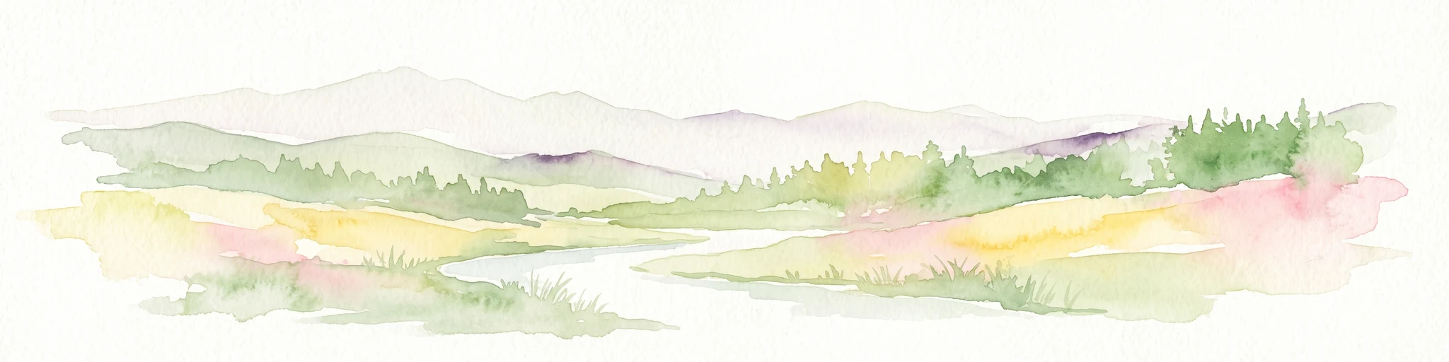 A soft watercolor illustration depicting rolling green hills, dense forest patches, and a winding stream flowing through a grassy meadow.