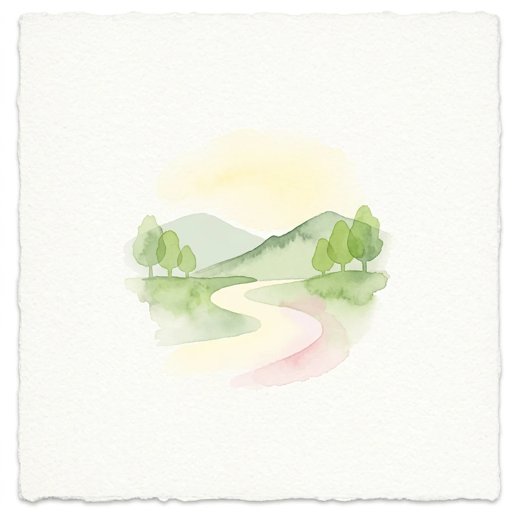 Watercolor illustration showing a winding path through a landscape with green trees, hills, and a light sky