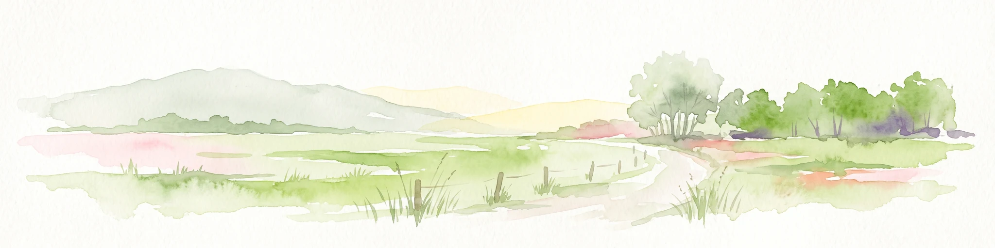 Una acuarela suave y de tonos claros que representa un paisaje de humedal con campos verdes, un pequeño sendero, una hilera de árboles y una colina baja en la distancia.