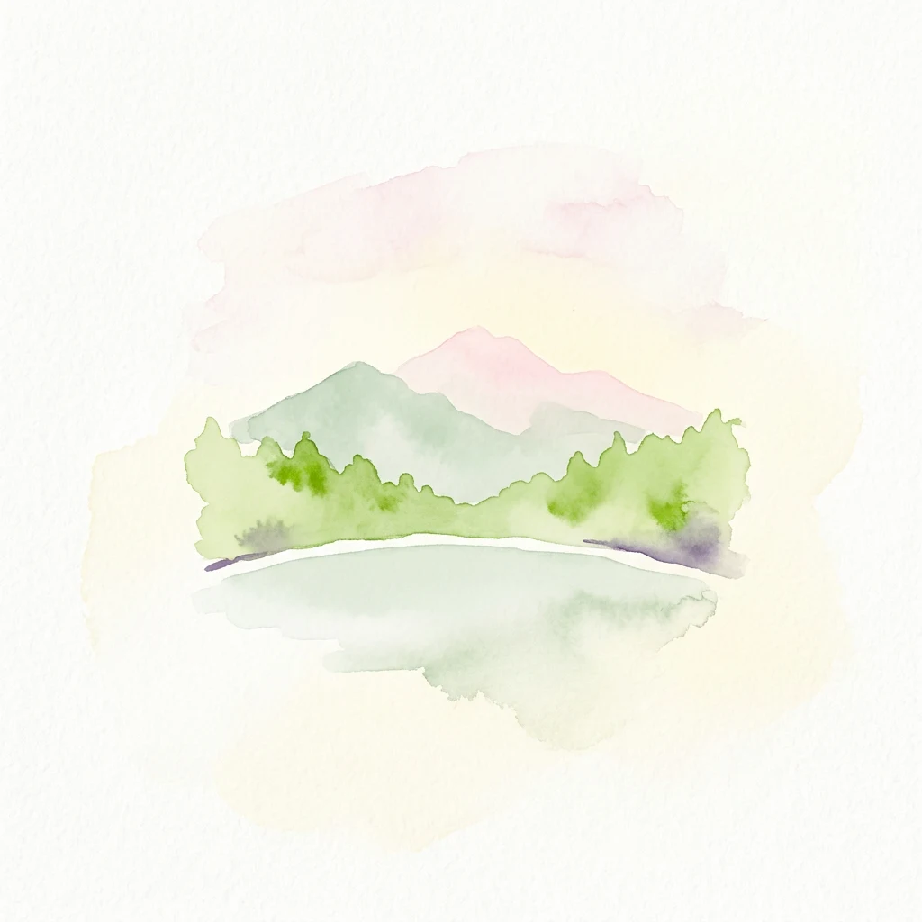 Ilustración acuarela de montañas verdes, un lago y un cielo rosado