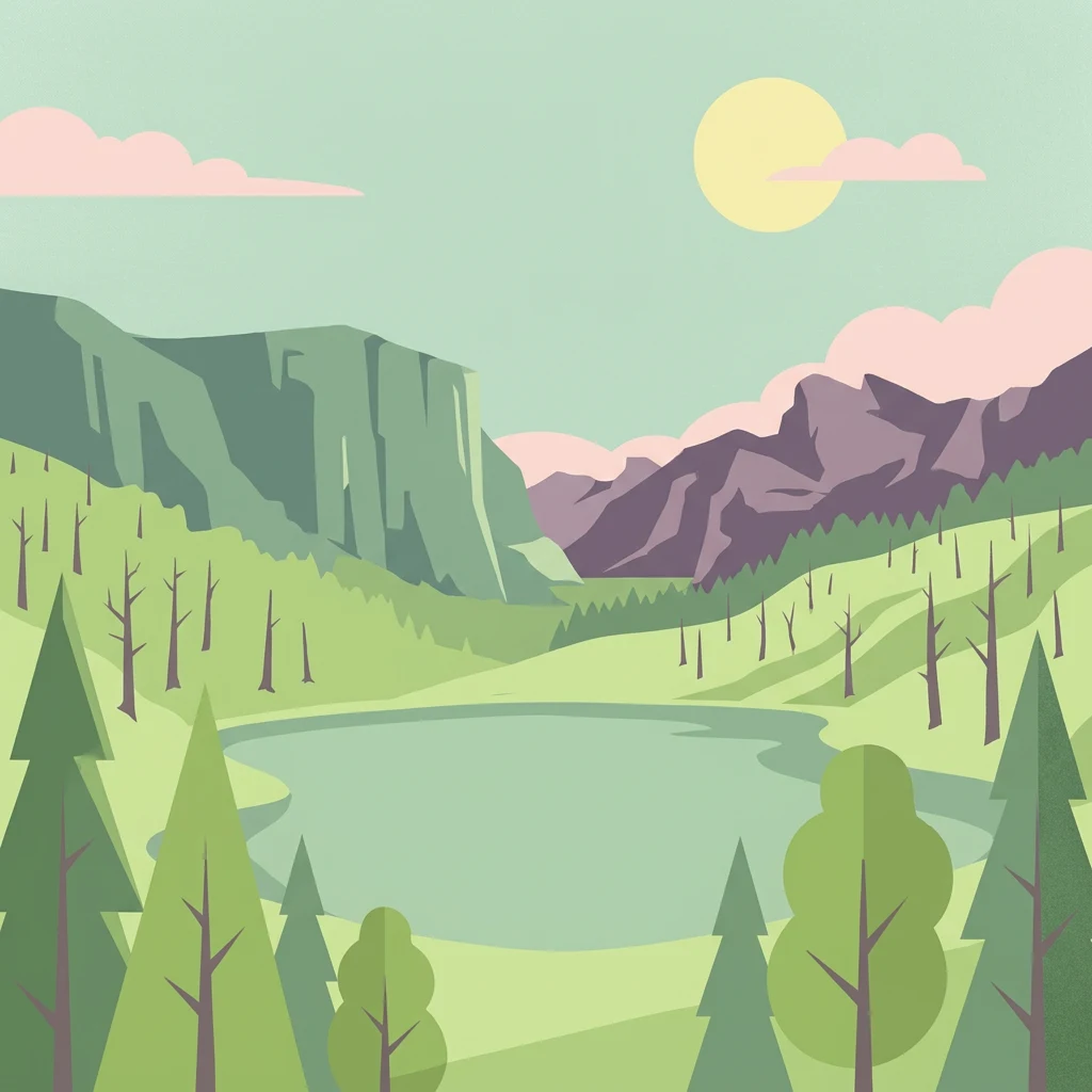 Illustrated landscape with mountain lake, green forests, and hills under sun and clouds