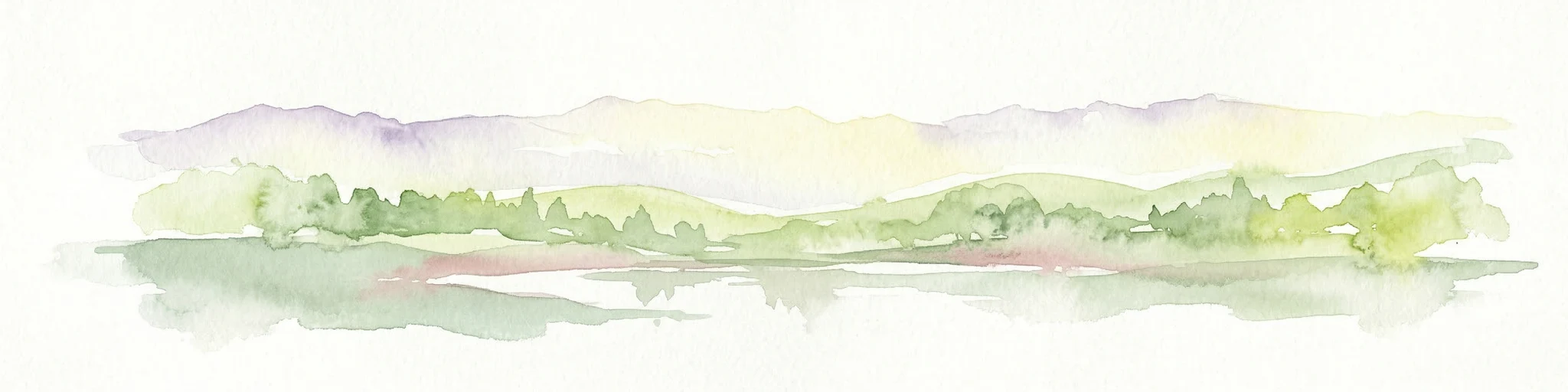 Ilustración en acuarela de colinas verdes onduladas y montañas distantes bajo un cielo suave