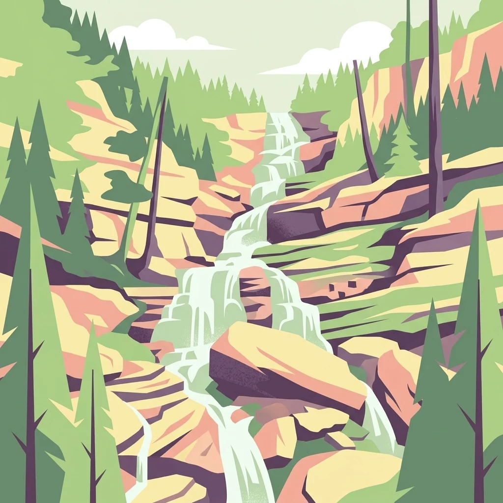 Una ilustración vectorial estilizada de una cascada de varios niveles que fluye sobre formaciones rocosas estratificadas, rodeada de pinos bajo un cielo sencillo.