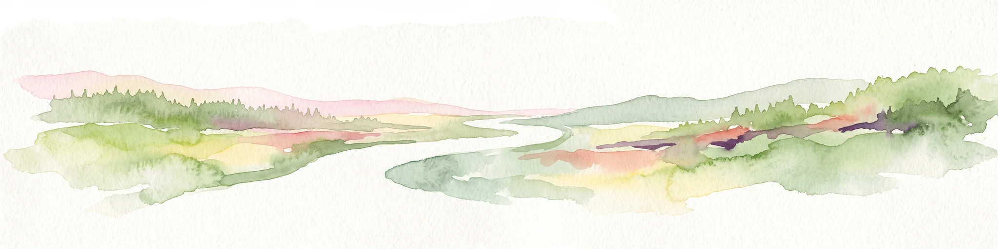 A horizontal watercolor painting depicting a winding river flowing through a lush, forested valley with rolling hills in the background.