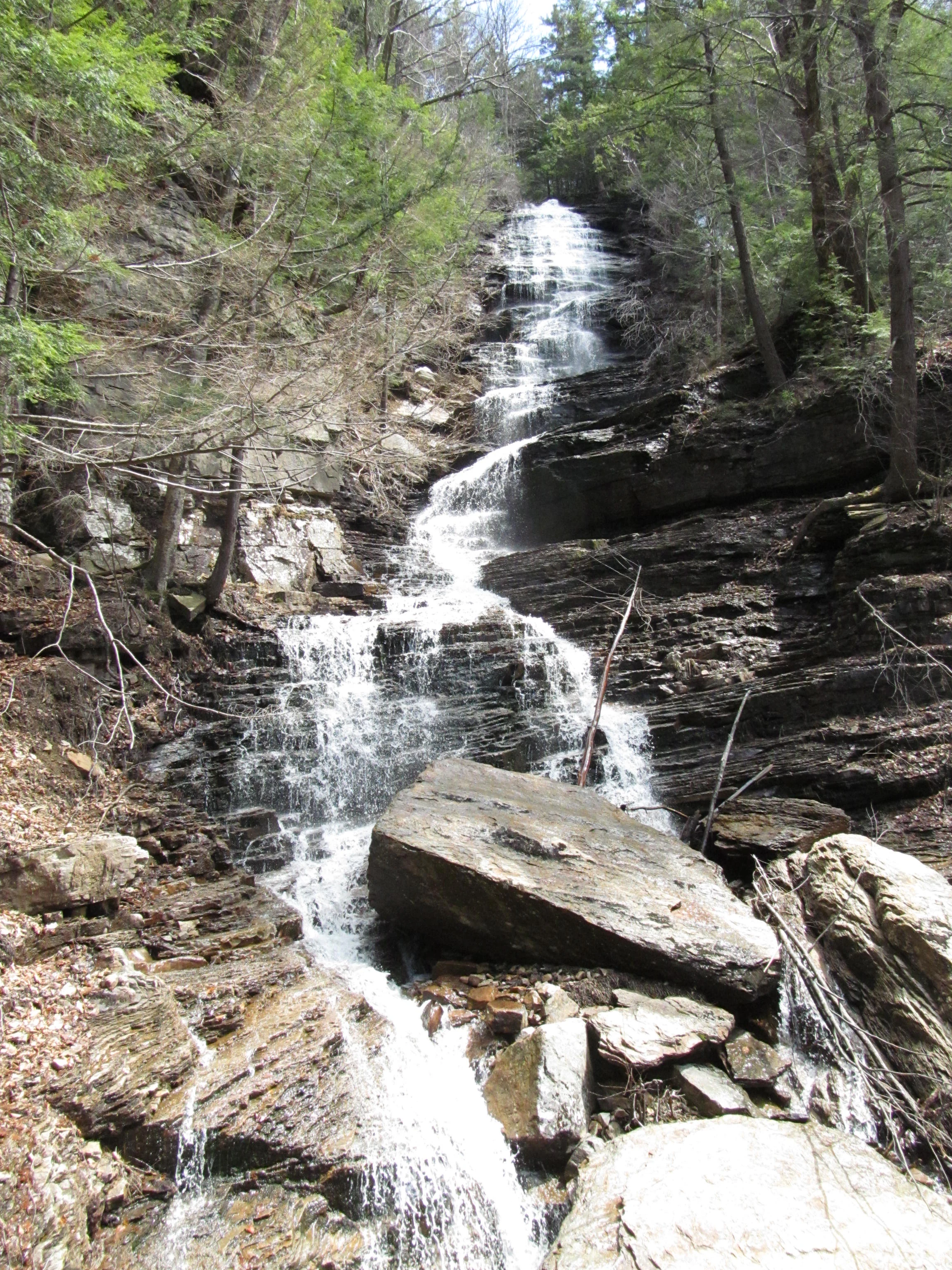 A multi-tiered waterfall cascading down a steep, rocky cliff face surrounded by a dense forest.