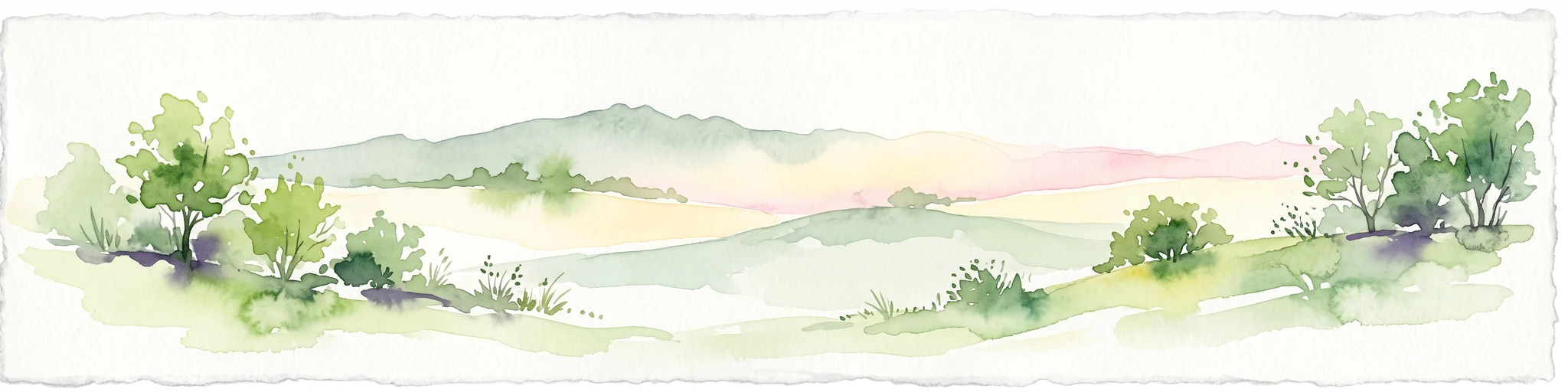 Watercolor painting of soft, rolling green hills and scattered trees against a pale, light-filled sky.