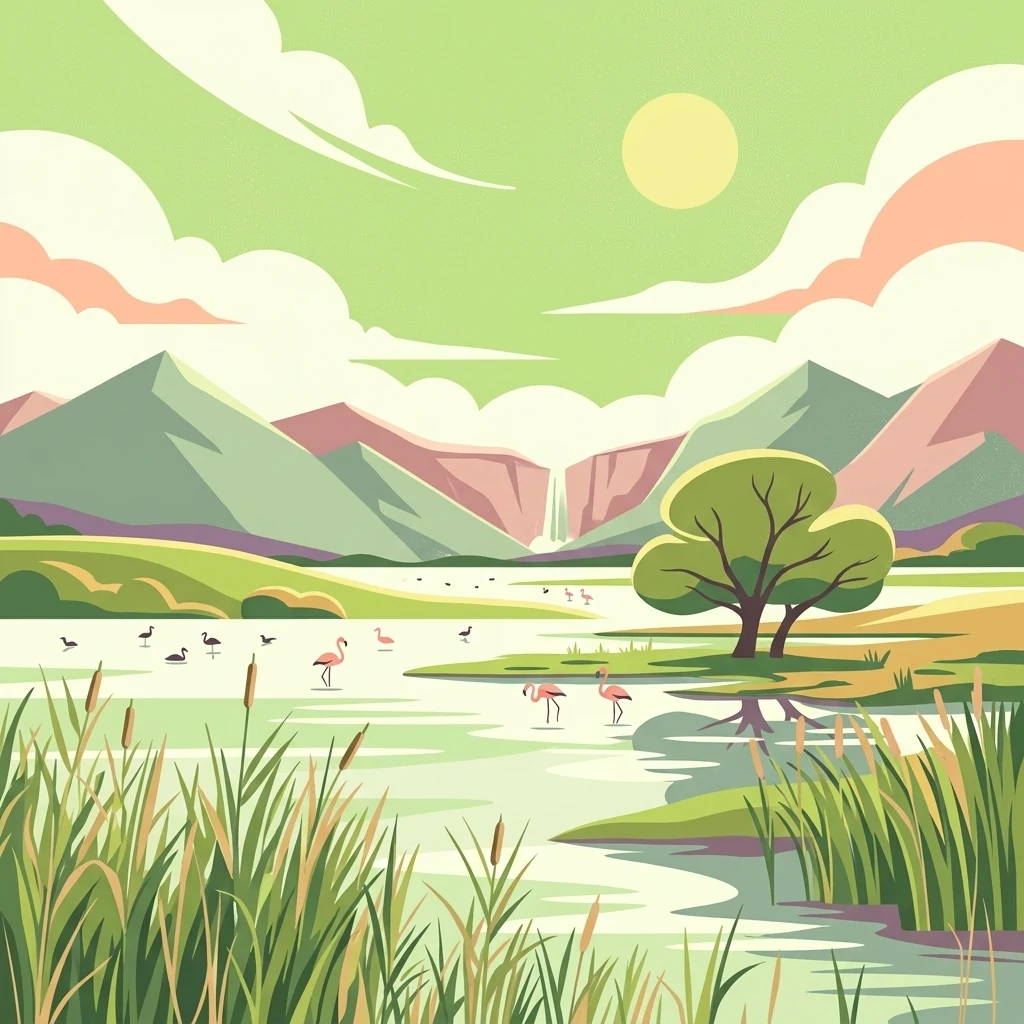 Una ilustración plana y estilizada que representa un sereno paisaje de humedal con un lago, montañas al fondo, una cascada y flamencos vadeando en el agua.