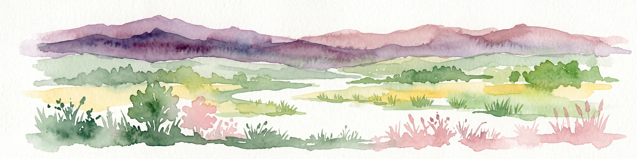 Watercolor painting depicting a wide, soft-focus view of marshland, low-lying green vegetation, and distant purple mountains under a clear sky.