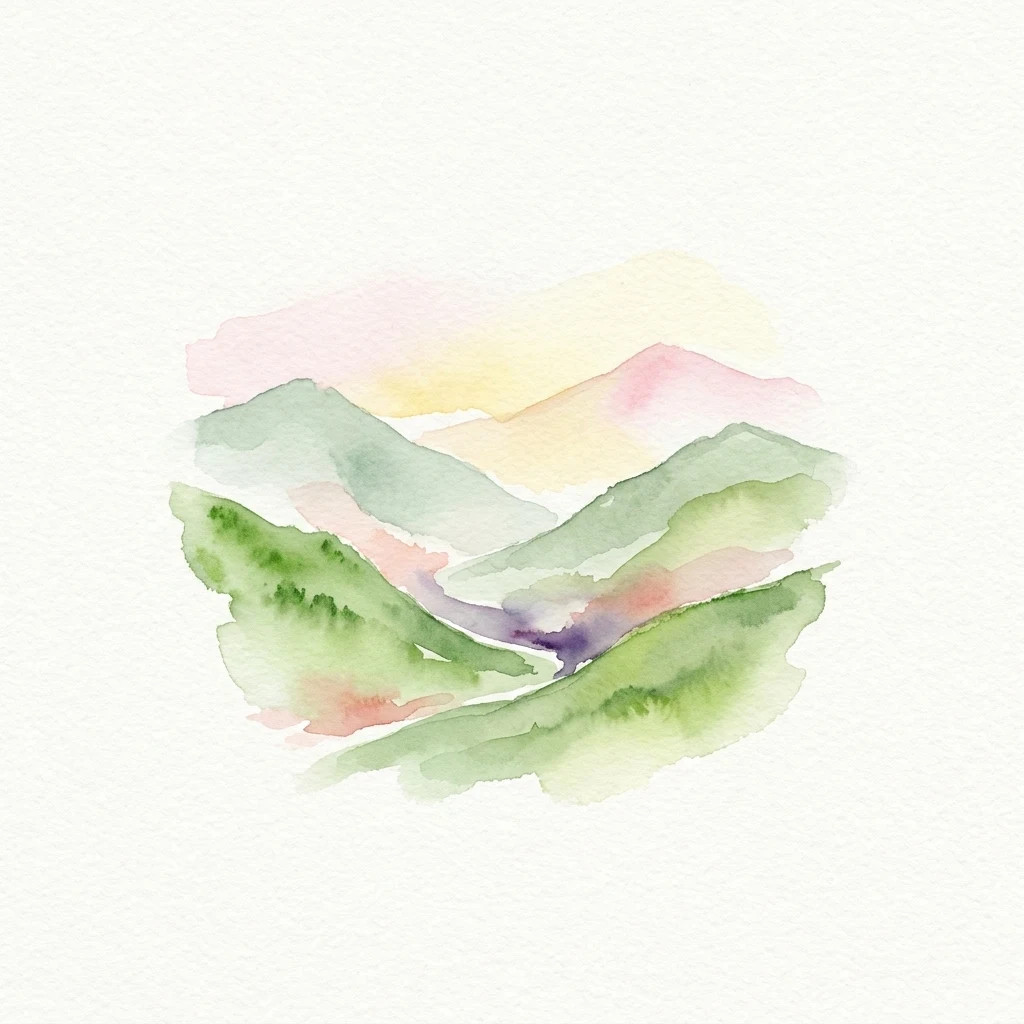 Watercolor painting of green mountains and valleys under a colorful sky