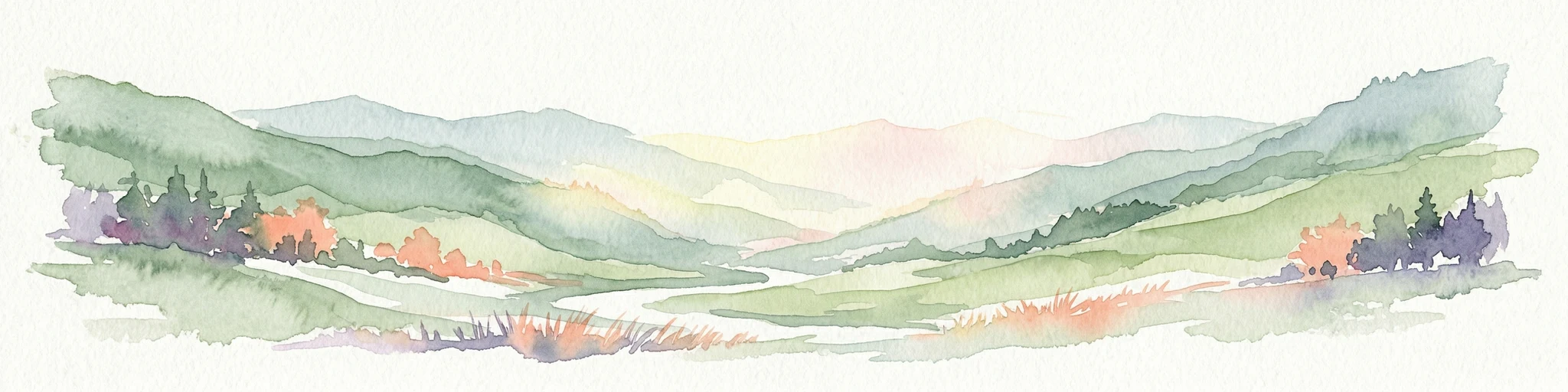 Pintura de acuarela que representa un valle montañoso con colinas ondulantes, bosques y un río