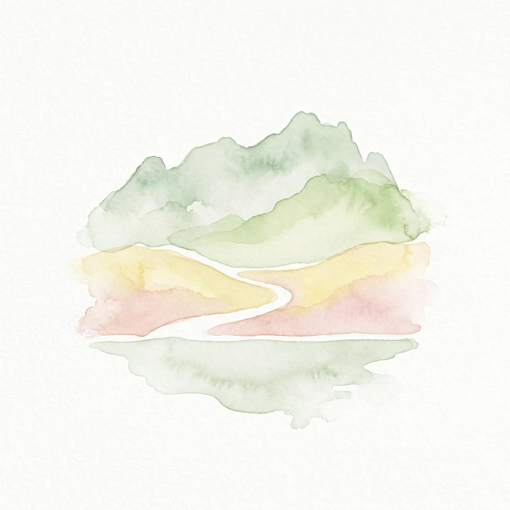 Watercolor painting showing a mountain range with a winding path and its reflection in a body of water