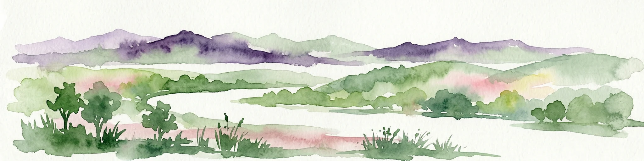 Pintura acuarela que muestra montañas, campos verdes y árboles en un paisaje