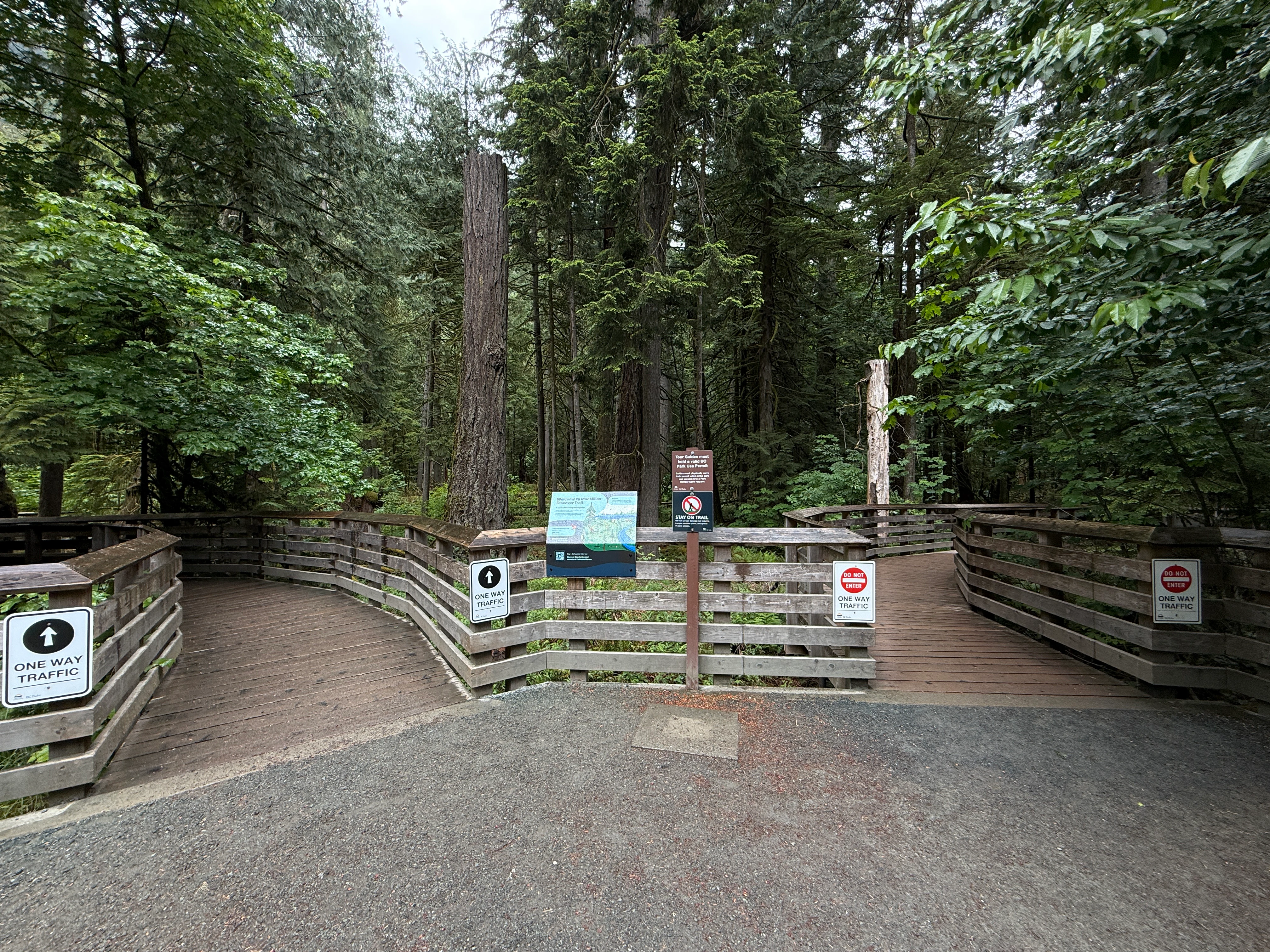A gravel area leads to a split wooden boardwalk entrance in a forest. Signs on the wooden railings indicate one-way traffic, and a central information board stands between the two paths.