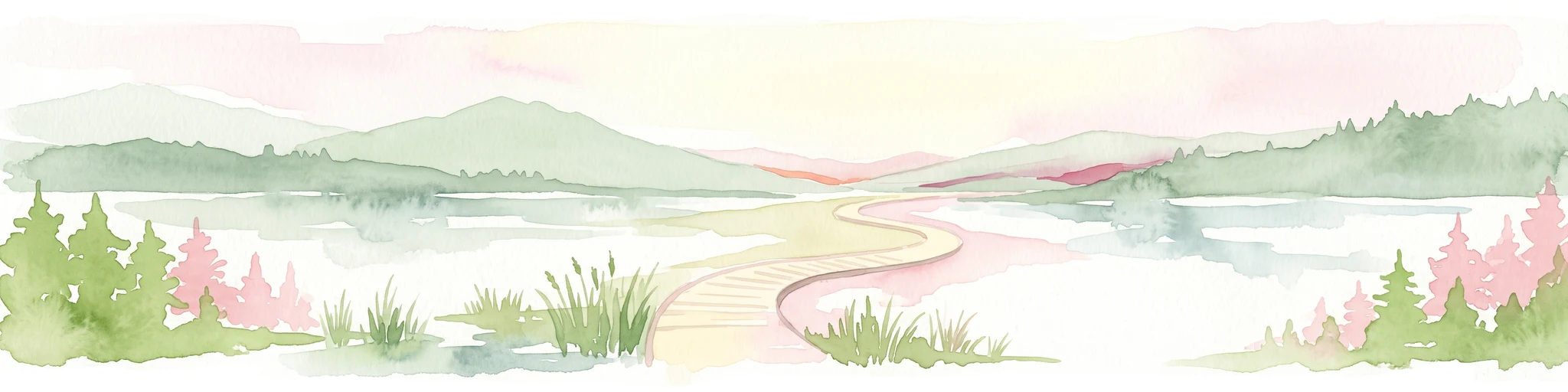 A horizontal watercolor illustration featuring a wooden boardwalk winding through a calm, light-filled landscape with soft green trees, grassy foreground, and rolling hills in the distance.