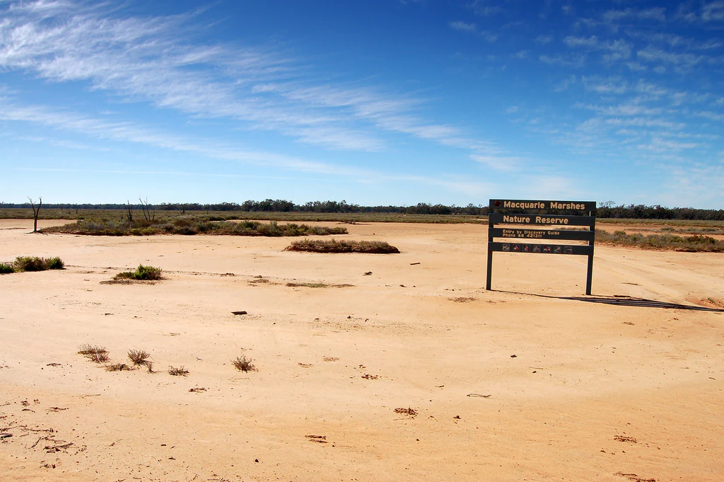 A horizontal, dark brown entrance sign for Macquarie Marshes Nature Reserve standing in a wide, dry, sandy expanse under a clear blue sky.
