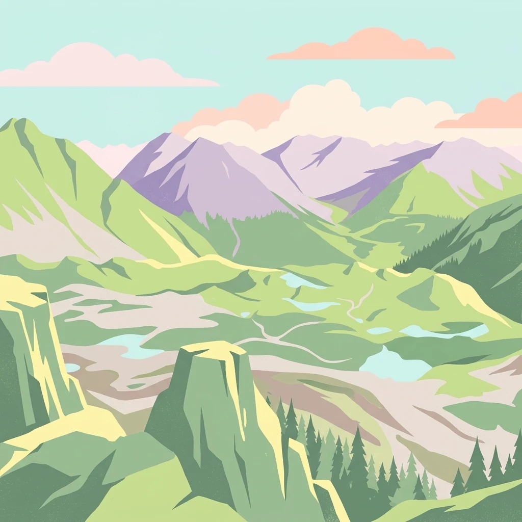 A stylized digital illustration of a high-alpine landscape featuring green rolling hills, multiple small blue glacial lakes, rocky cliffs, and purple-toned mountain peaks under a soft sky.