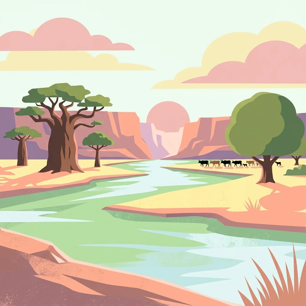 A flat-style digital illustration depicting a river flowing through a desert-like savanna landscape with baobab trees, rounded hills, and a small herd of cattle in the distance.