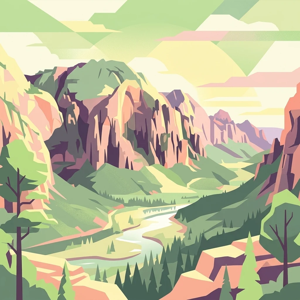 Una ilustración gráfica que representa un valle tallado entre acantilados rocosos escarpados, con un río que fluye por el centro y árboles de hoja perenne en primer plano.