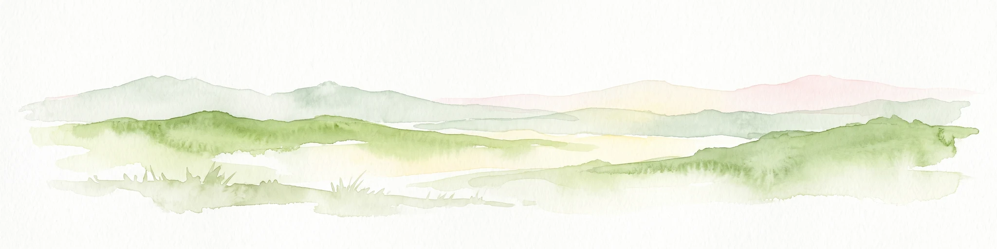 Watercolor painting of soft, layered green mountain silhouettes against a pale sky.